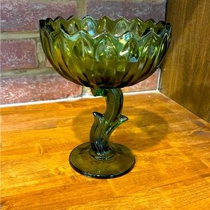 Vintage green bowl,  pedestal bowl, retro kitchen home decor, olive bowl